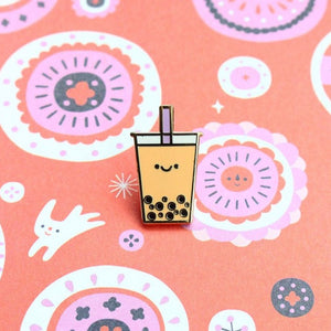 happy boba tea enamel pin